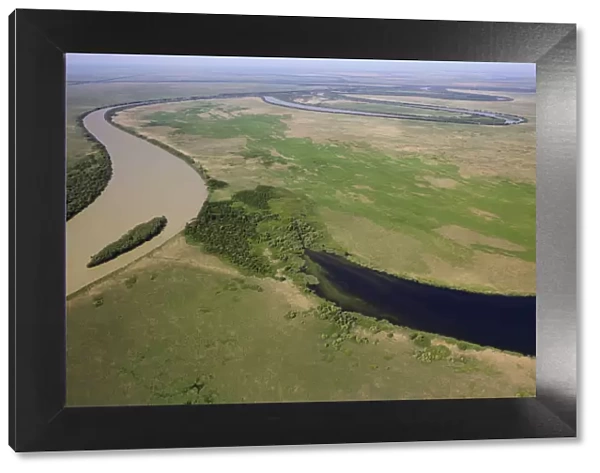 Aerial view of the meandering Saint George branch of the Danube river, Danube Delta