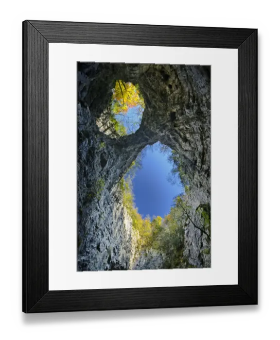 Framed Print : Looking up at the sky through the twin openings in a collapsed cave ceiling, Zelske Jame Framed Print : Looking up at the sky through the twin openings in a collapsed cave ceiling, Zelske Jame