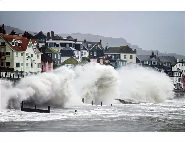 Storm battering seafront, Lyme Regis, Jurassic Coast World Heritage Site, Dorset