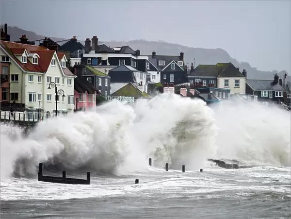 Storm battering seafront, Lyme Regis, Jurassic Coast World Heritage Site, Dorset