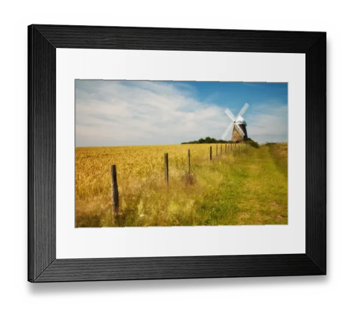 Framed Print : Fence bordering field of Wheat and track with Halnaker Windmill in the background Framed Print : Fence bordering field of Wheat and track with Halnaker Windmill in the background