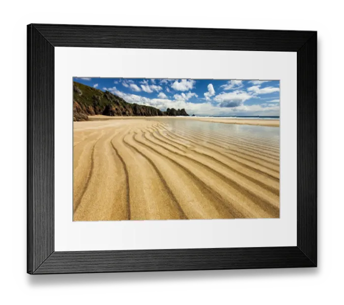 Framed Print : View over Pednvounder Beach towards Logan Rock, Porthcurno, Cornwall, England, UK