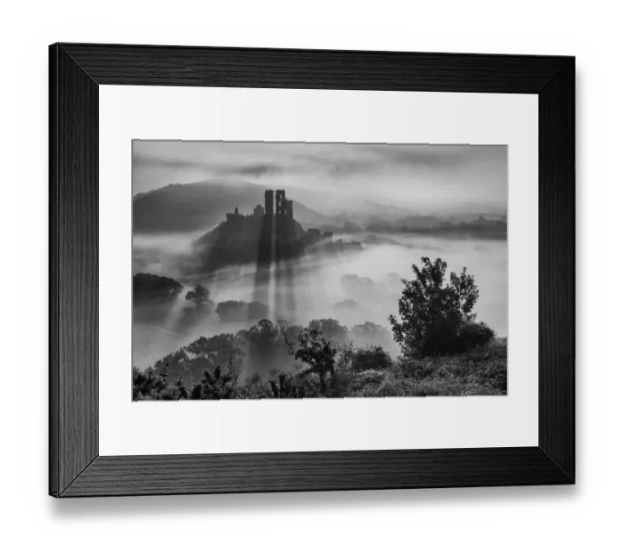 Framed Print : Corfe Castle in morning mist, Corfe, Isle of Purbeck, Dorset, England, UK. September 2013 Framed Print : Corfe Castle in morning mist, Corfe, Isle of Purbeck, Dorset, England, UK. September 2013