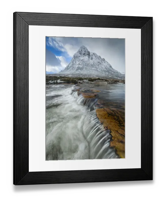 Framed Print : Waterfall with Buachaille Etive Mor in background, Glen Coe, Highlands, Scotland, UK Framed Print : Waterfall with Buachaille Etive Mor in background, Glen Coe, Highlands, Scotland, UK