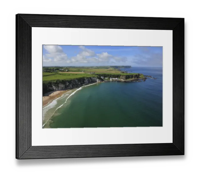 Framed Print : Aerial view of Portbraddan and Whitepark Bay, north coast, County Antrim, Northern Ireland Framed Print : Aerial view of Portbraddan and Whitepark Bay, north coast, County Antrim, Northern Ireland
