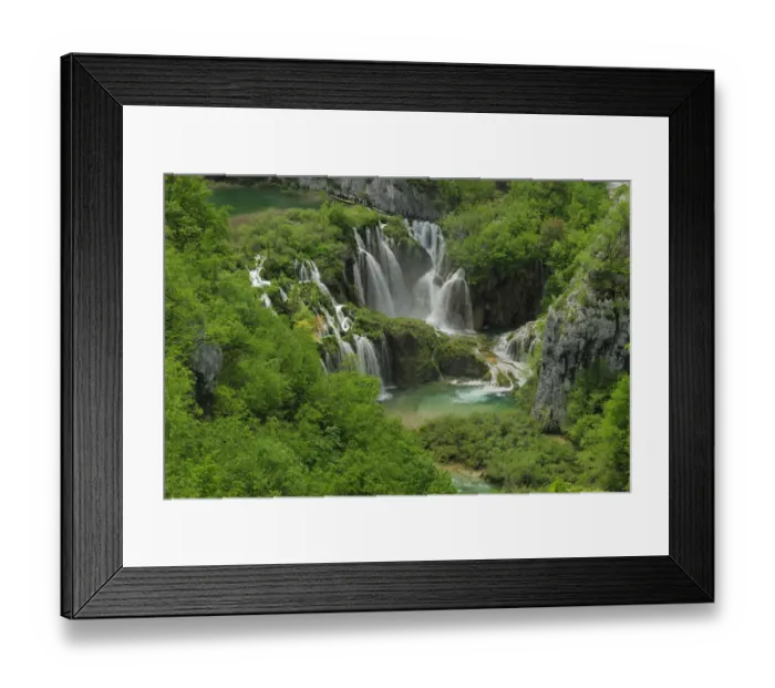 Framed Print : Waterfall and rapids falling into a mountain pool in woodland. Plitvice National Park Framed Print : Waterfall and rapids falling into a mountain pool in woodland. Plitvice National Park