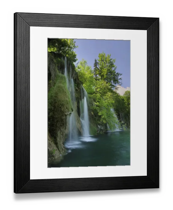Framed Print : A cascade of waterfalls in woodlands falling into a pool. Plitvice National Park, Croatia, May 2010