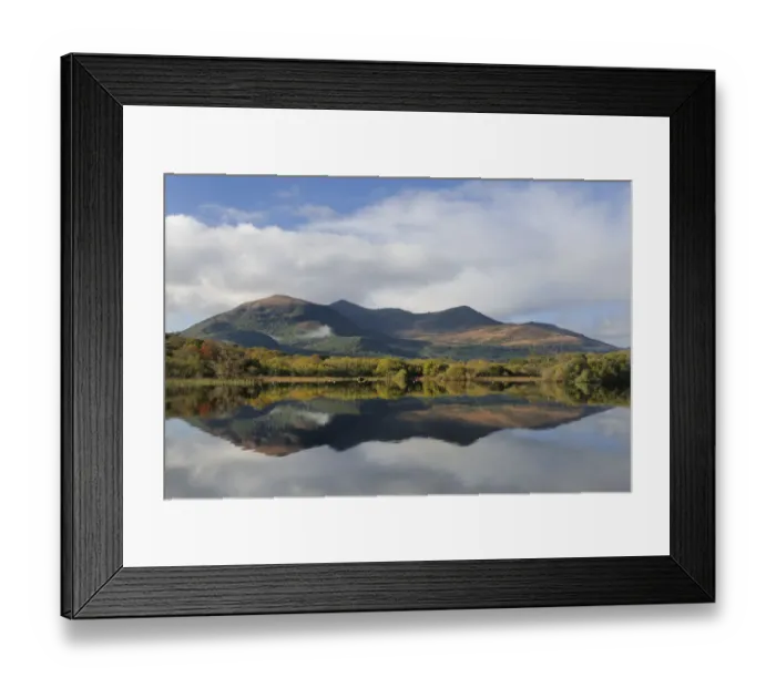 Framed Print : Macgillycuddys reeks and Lough Lean lower, photographed from Ross castle, Killarney