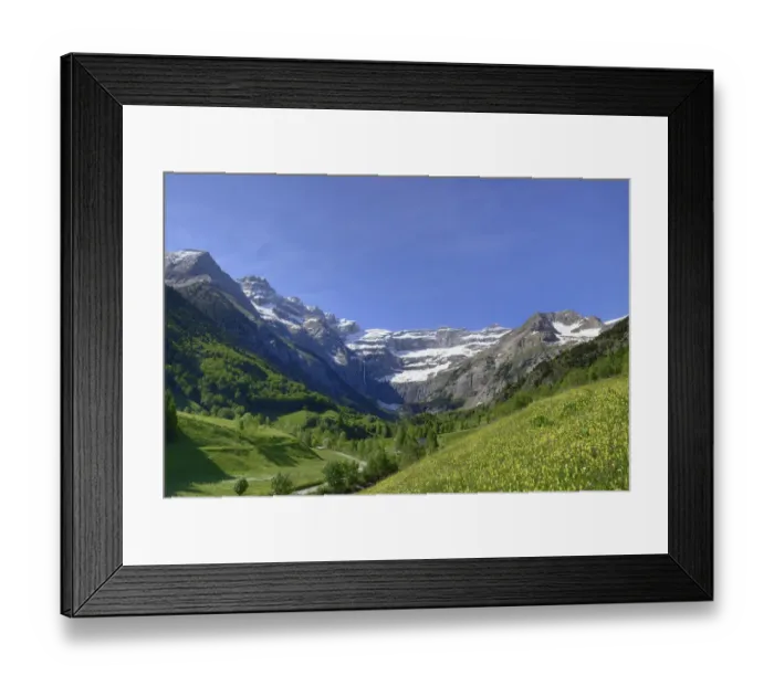 Framed Print : Alpine meadows and mountains above Gavarnie village with the Cirque de Gavarnie in the distance Framed Print : Alpine meadows and mountains above Gavarnie village with the Cirque de Gavarnie in the distance