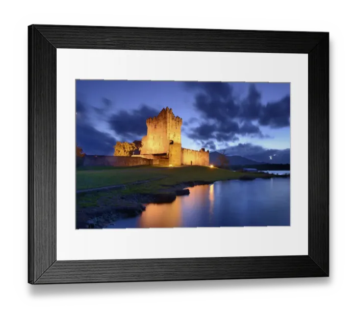Framed Print : Ross Castle lit up at twilight, Killarney National Park, County Kerry, Republic of Ireland Framed Print : Ross Castle lit up at twilight, Killarney National Park, County Kerry, Republic of Ireland