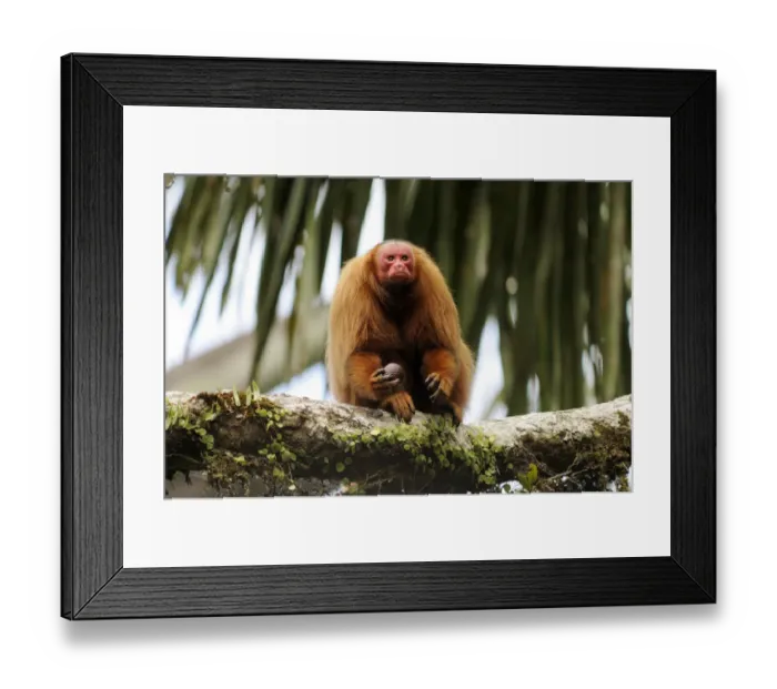 Framed Print : Peruvian red uakari monkey (Cacajao calvus ucayalii) eating aguaje palm fruits (Mauritia Framed Print : Peruvian red uakari monkey (Cacajao calvus ucayalii) eating aguaje palm fruits (Mauritia