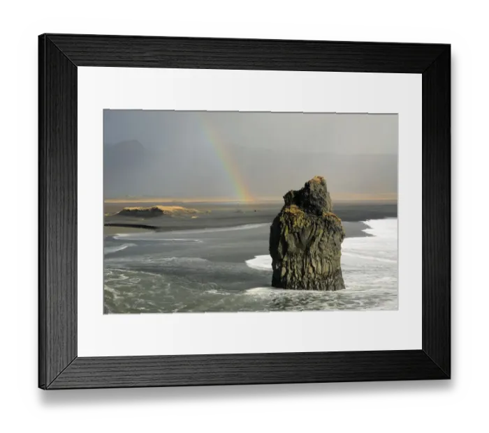 Framed Print : Reynisdrangar basalt sea stack with rainbow, Vik, Iceland, February 2017 Framed Print : Reynisdrangar basalt sea stack with rainbow, Vik, Iceland, February 2017