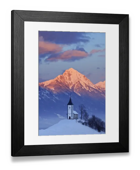 Framed Print : Church of St. Primoz with the Kamnik-Savinja Alps beyond. January 2010