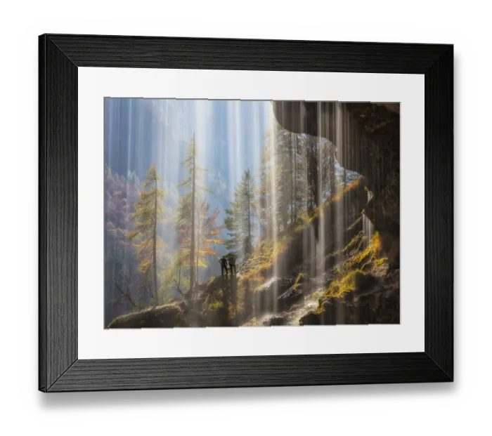 Framed Print : View of hikers from behind the Pericnik Waterfall, Slovenia, October 2018 Framed Print : View of hikers from behind the Pericnik Waterfall, Slovenia, October 2018