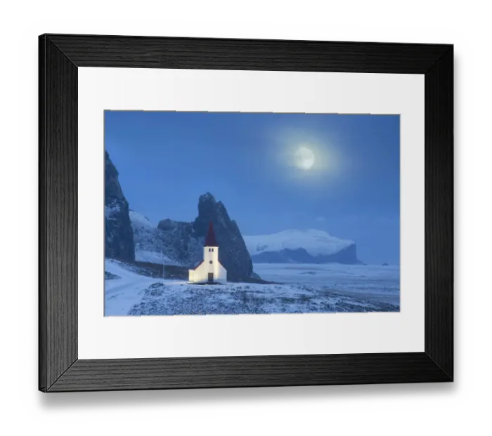 Framed Print : Vik i Myrdal church in winter, with full moon, Iceland. January 2015 Framed Print : Vik i Myrdal church in winter, with full moon, Iceland. January 2015