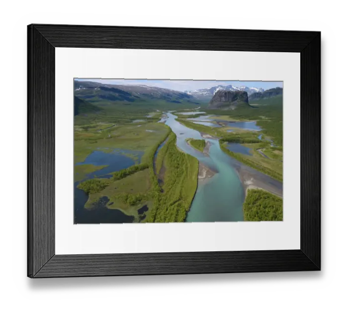 Framed Print : Aerial view of the Rapa river delta with distant mountains, Sarek National Park Framed Print : Aerial view of the Rapa river delta with distant mountains, Sarek National Park
