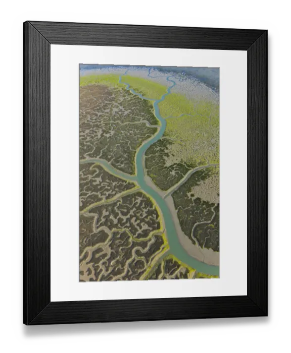Framed Print : Aerial view river tributaries and saltmarshes of Bahia de Cadiz Natural Park, Huelva Framed Print : Aerial view river tributaries and saltmarshes of Bahia de Cadiz Natural Park, Huelva