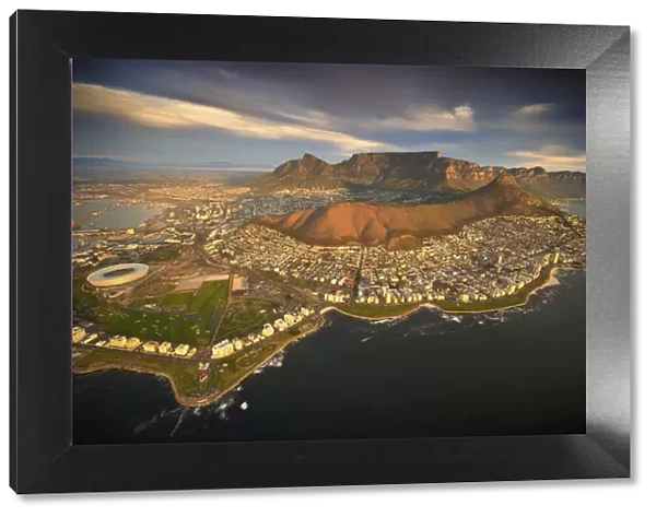 Aerial view of Cape Town city with Table Mountain, South Africa, taken from helicopter