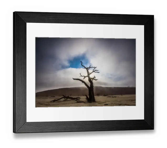 Framed Print : A misty sunrise over tree silhouette in Deadvlei, Namibia