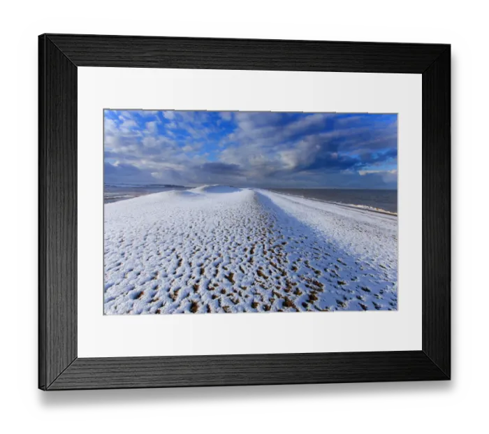 Framed Print : Cley Beach covered in snow, Norfolk. England, UK, January Framed Print : Cley Beach covered in snow, Norfolk. England, UK, January