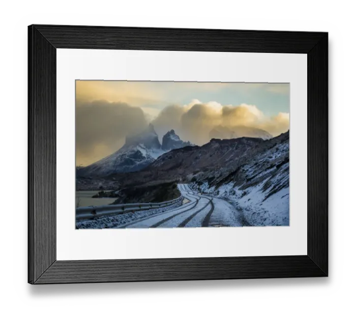 Framed Print : Mountainous landscape in Torres del Paine National Park, with mountains behind, Chile, June 2015 Framed Print : Mountainous landscape in Torres del Paine National Park, with mountains behind, Chile, June 2015