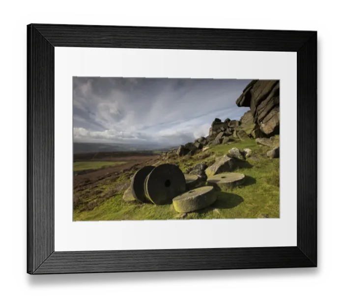 Framed Print : Millstones made from millstone grit beneath Stannage Edge, Hathersage, Derbyshire, November 2016