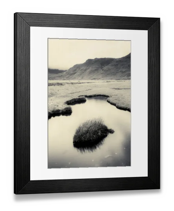 Framed Print : Black and white photograph of saltmarsh at Annat, Beinn Torridon, Scotland, UK, November