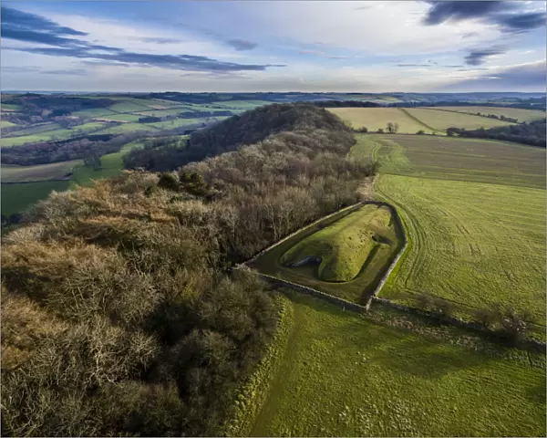 Aerial view of Belas Knap, a neolithic chambered long barrow on the Cotswold Way