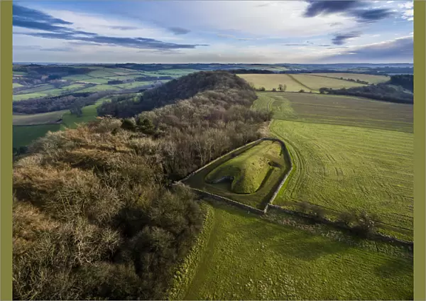 Aerial view of Belas Knap, a neolithic chambered long barrow on the Cotswold Way