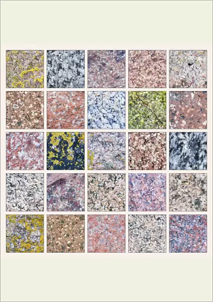 Composite photograph showing diversity of colour and pattern in samples of granite