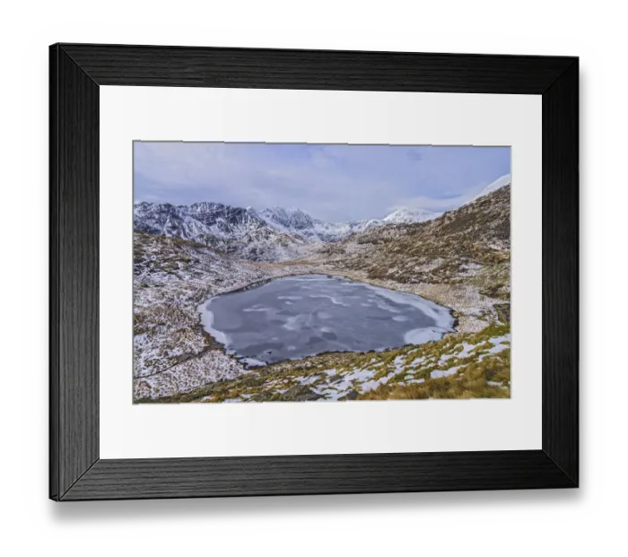 Framed Print : Frozen Llyn Teyrn with Y Llewydd and Mount Snowdon in background. View west from Miners Track Framed Print : Frozen Llyn Teyrn with Y Llewydd and Mount Snowdon in background. View west from Miners Track