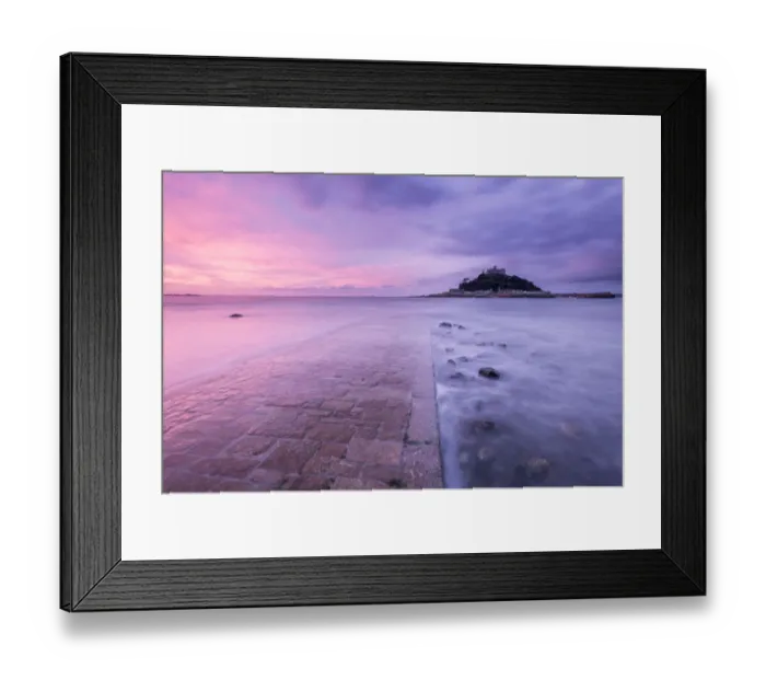 Framed Print : St Michaels Mount and old causeway at sunrise, Marazion, Cornwall, UK. October 2015 Framed Print : St Michaels Mount and old causeway at sunrise, Marazion, Cornwall, UK. October 2015