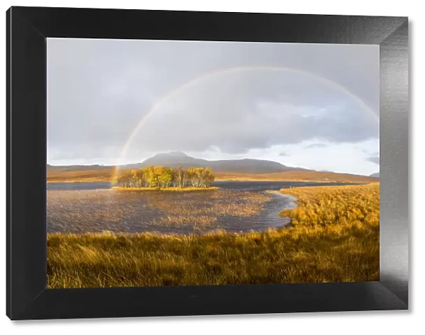 Double rainbow emmerging from rain shower over Loch Awe, Assynt, Scotland, UK, November 2016