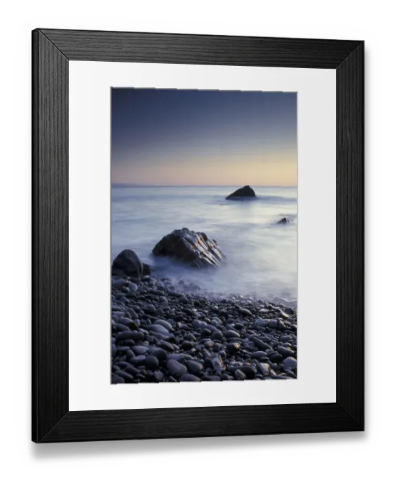 Framed Print : Pebbles and surf on beach at dusk, Sandymouth bay, Cornwall, UK Framed Print : Pebbles and surf on beach at dusk, Sandymouth bay, Cornwall, UK