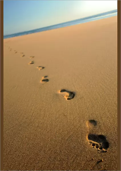 Human footprints in the sand, Sandymouth bay, Cornwall, UK