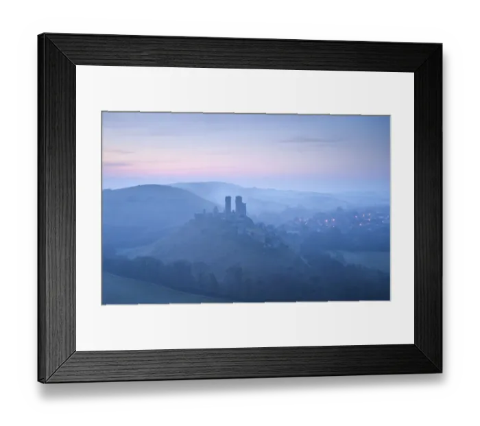 Framed Print : Corfe Castle, sunrise and early morning mist, view from West Hill, Corfe, Dorset, England, UK Framed Print : Corfe Castle, sunrise and early morning mist, view from West Hill, Corfe, Dorset, England, UK