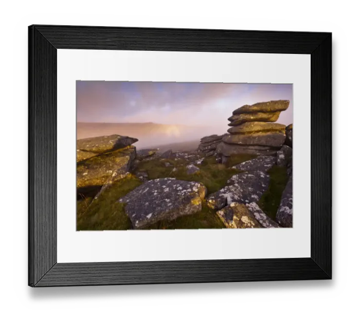 Framed Print : Moorland view from Littaford Tor, with the enlarged shadow of the photographer, also Framed Print : Moorland view from Littaford Tor, with the enlarged shadow of the photographer, also