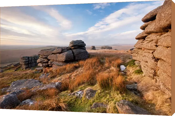 Landscape view from Great Mis Tor, Dartmoor National Park, Devon, England, UK, February