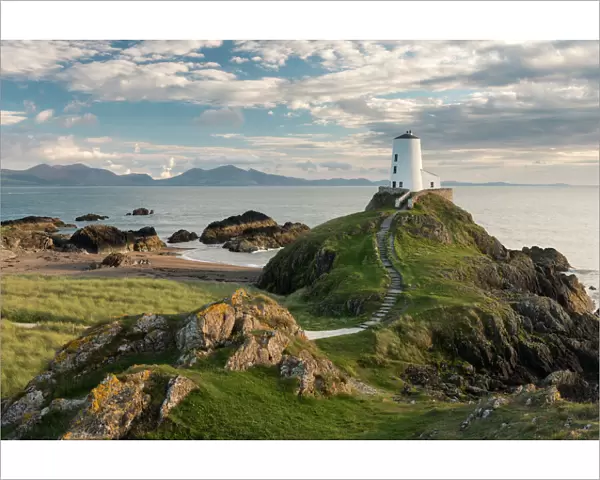 Twr Mawr lighthouse, Llanddwyn Island, late evening light, Anglesey, North Wales, UK