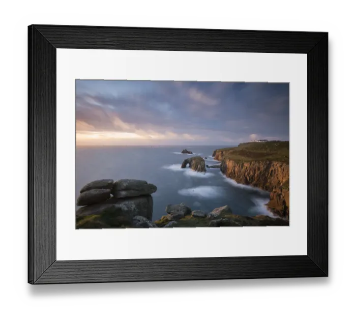 Framed Print : Enys Dodnan Arch, the Armed Knight rock and Longships lighthouse, Lands End, Cornwall, UK Framed Print : Enys Dodnan Arch, the Armed Knight rock and Longships lighthouse, Lands End, Cornwall, UK