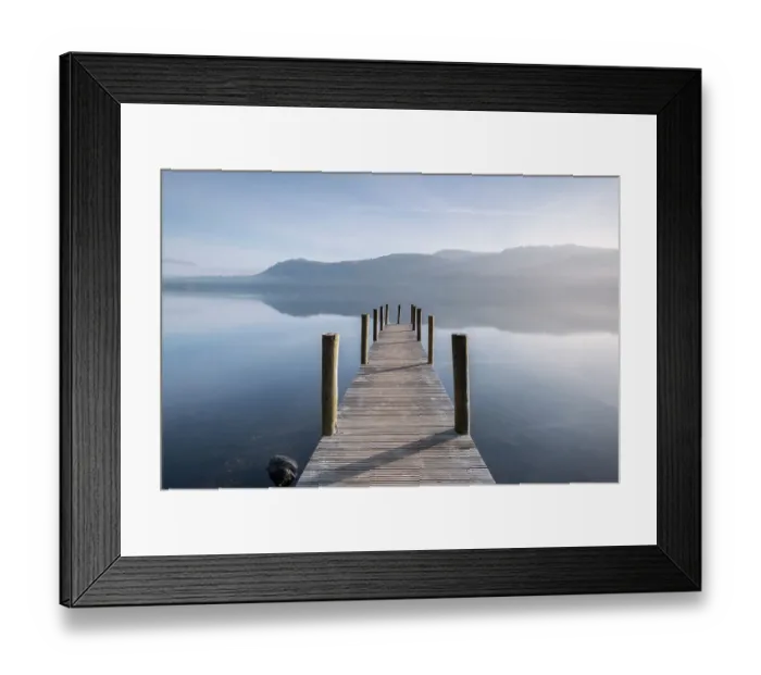 Framed Print : Brandlehow Jetty, misty morning, Derwentwater, Keswick, The Lake District, Cumbria, UK. November 2016