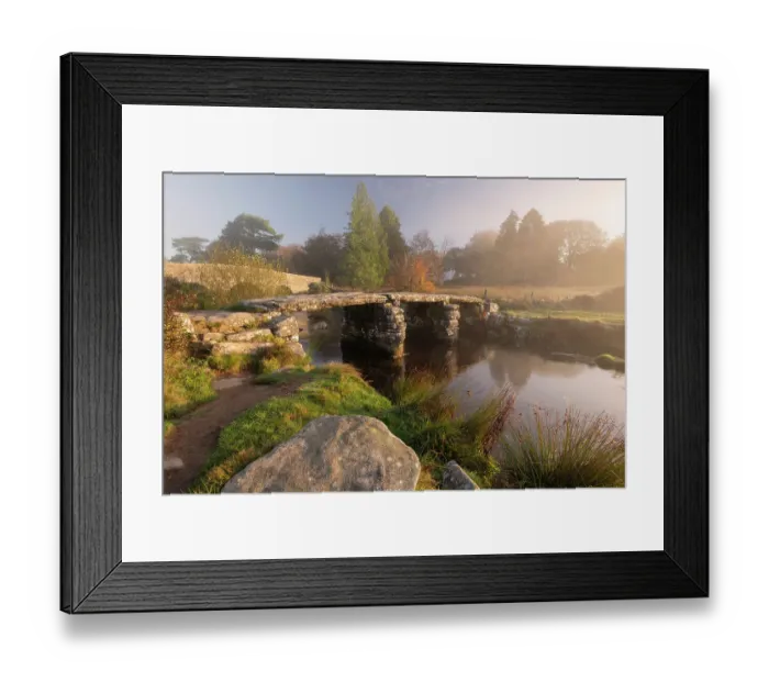Framed Print : Clapper Bridge at Postbridge, early morning light and mist, Dartmoor National Park, Devon, UK. October 2018 Framed Print : Clapper Bridge at Postbridge, early morning light and mist, Dartmoor National Park, Devon, UK. October 2018