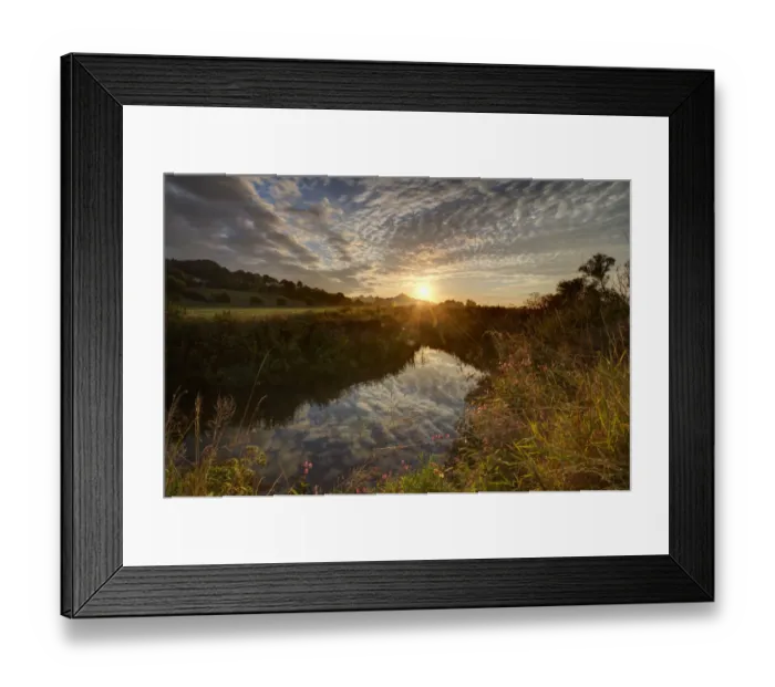 Framed Print : River Brue, at sunrise with Glastonbury Tor in background, Somerset, UK, August Framed Print : River Brue, at sunrise with Glastonbury Tor in background, Somerset, UK, August