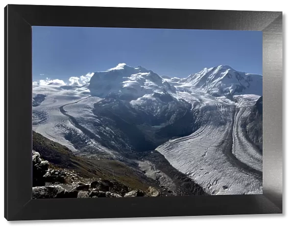 Gorner glacier with Mont Rose and Lyskamm, Swiss Alps, Valais, Switzerland. September 2018