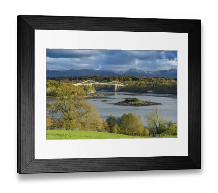 Framed Print : Menai Strait and Telford suspension bridge. Isle of Anglesey, Wales, October 2018 Framed Print : Menai Strait and Telford suspension bridge. Isle of Anglesey, Wales, October 2018