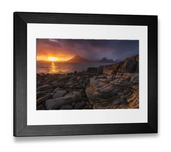 Framed Print : Sunset over the Cullin Mountains from Elgol shoreline, Isle of Skye, Scotland, UK, April Framed Print : Sunset over the Cullin Mountains from Elgol shoreline, Isle of Skye, Scotland, UK, April