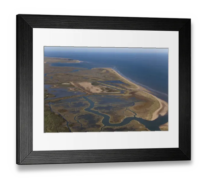 Framed Print : Aerial view of saltmarshes at Titchwell RSPB reserve, Norfolk, UK, September 2009