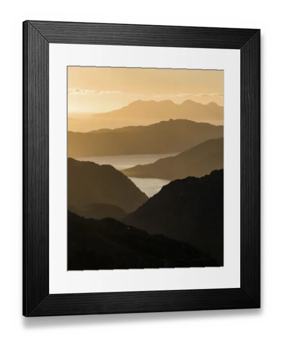 Framed Print : Mountain view towards Loch Nevis overlooking Knoydart peninsula with Skye beyond Framed Print : Mountain view towards Loch Nevis overlooking Knoydart peninsula with Skye beyond