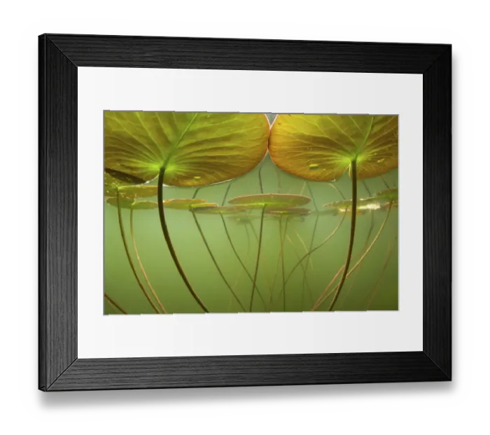 Framed Print : Water lilies (Nymphaea alba) lit by the suns rays, seen under water. Alps, Ain, France Framed Print : Water lilies (Nymphaea alba) lit by the suns rays, seen under water. Alps, Ain, France