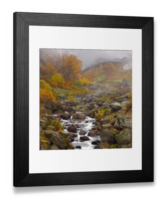 Framed Print : The Geyser River flows through the Valley of the Geysers, cloaked in autumn colours Framed Print : The Geyser River flows through the Valley of the Geysers, cloaked in autumn colours